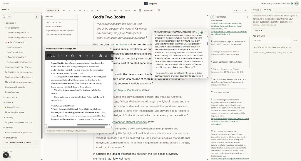 BlogIDE editor with Library and footnotes